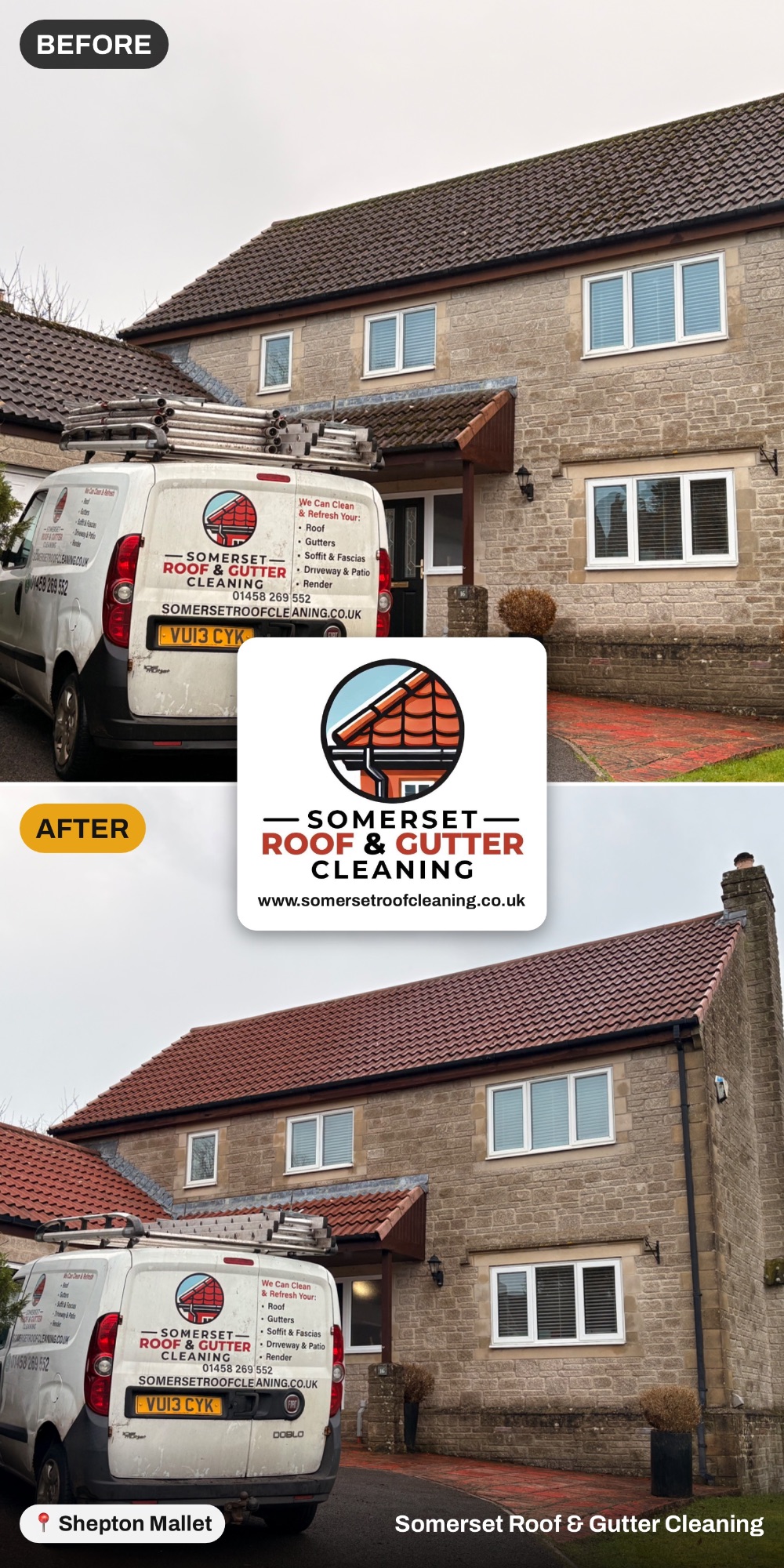 Before and after roof clean in Shepton Mallet, Somerset
